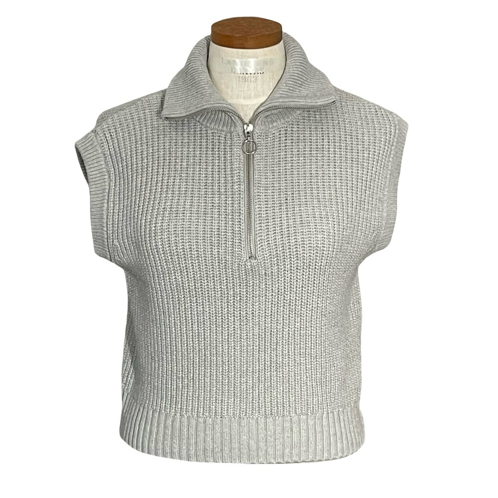 Rachel Zoe Gray Sleeveless 1/4 Zip Closure Ribbed Knit Sweater Vest SzM